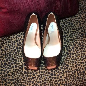Prada Gold Bronze Sequin Peep Toe Heels 36 1/2